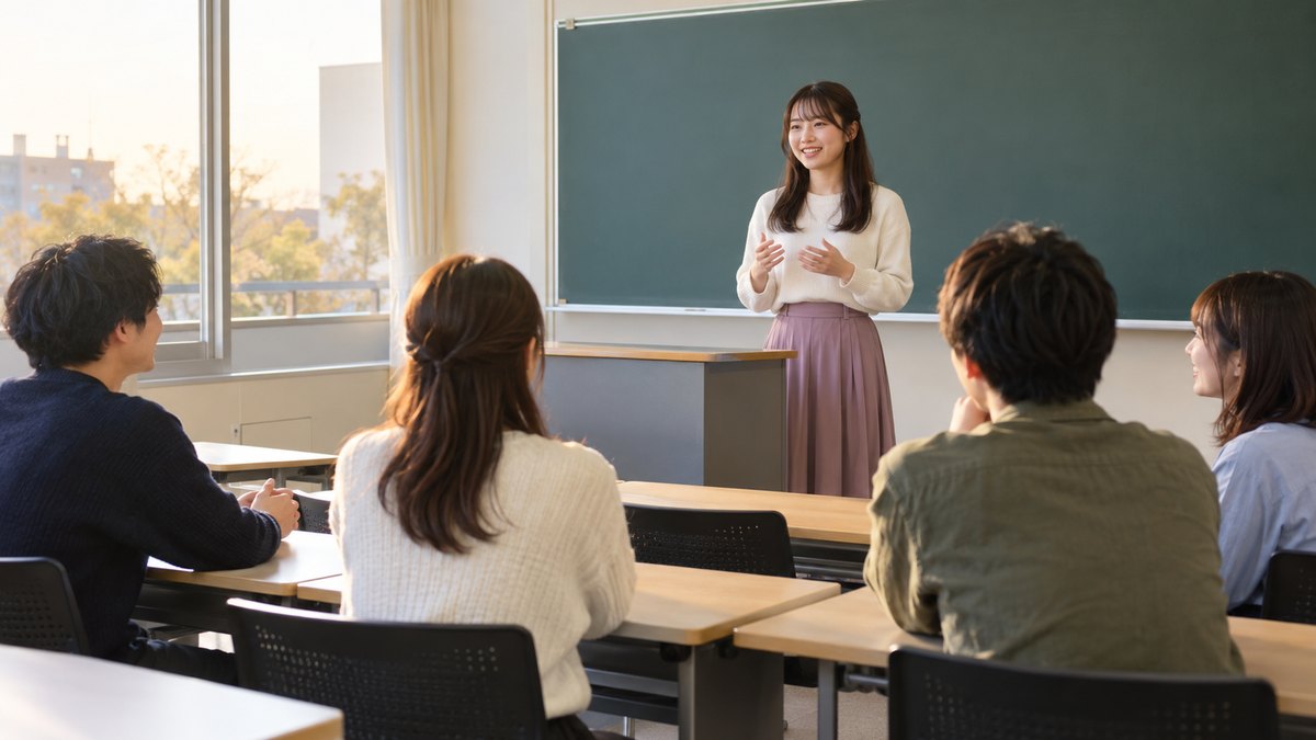 平日の夕方、大学の小さな教室で、20代前半の女子大学生が教壇の前に立って1分間の自己紹介をしていて、机に座った同じゼミの男女4人がほほえんで聞いている遠景。黒板や壁に文字は見えない