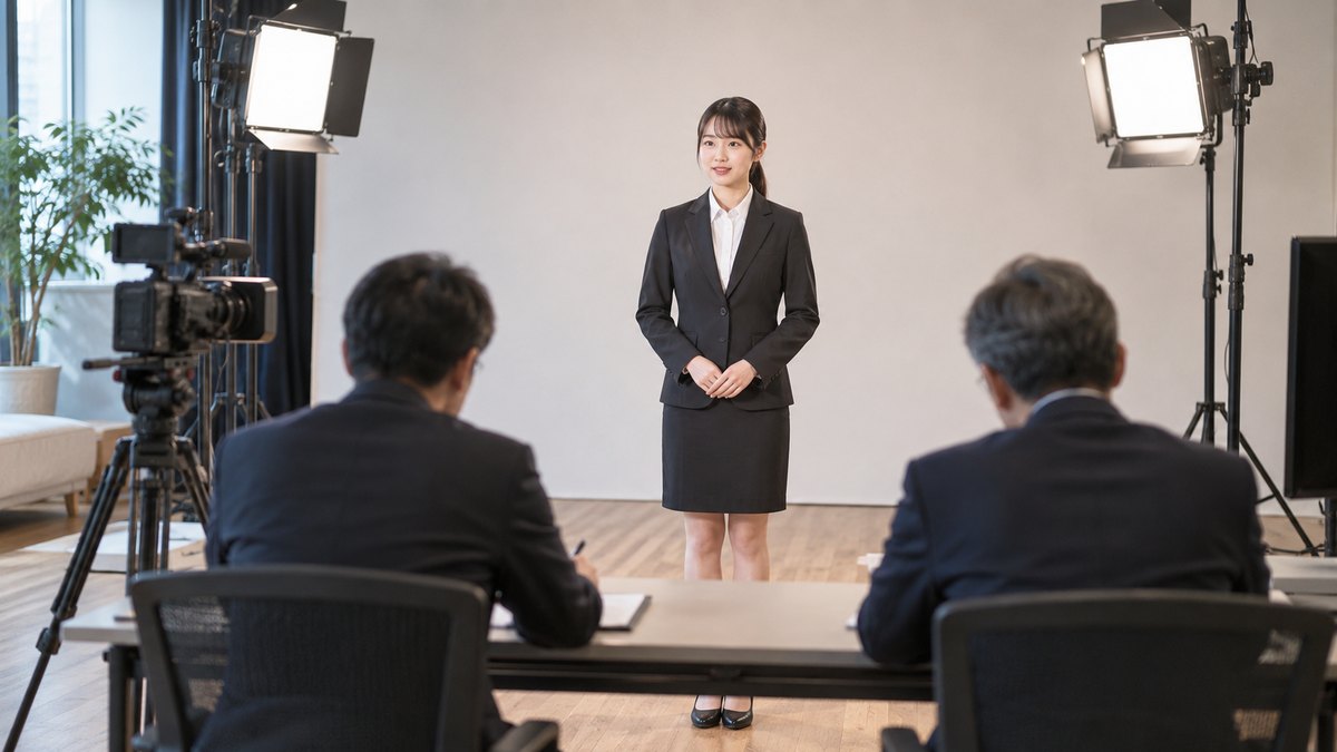 平日の午後、テレビ局の小さな撮影スタジオで、20代前半の女性の受験者がスーツ姿でカメラの前に立って話していて、手前の机に座った40代と50代の男性の面接官2人が静かに見ている遠景。機材や壁に文字は見えない