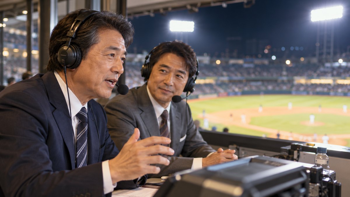 夜、照明に照らされた野球場の高い位置にある放送席で、50代の男性アナウンサーがヘッドセットをつけてグラウンドを見下ろしながら実況していて、隣で40代の男性解説者がうなずいている近景。球場はぼけて見える。看板や文字は見えない