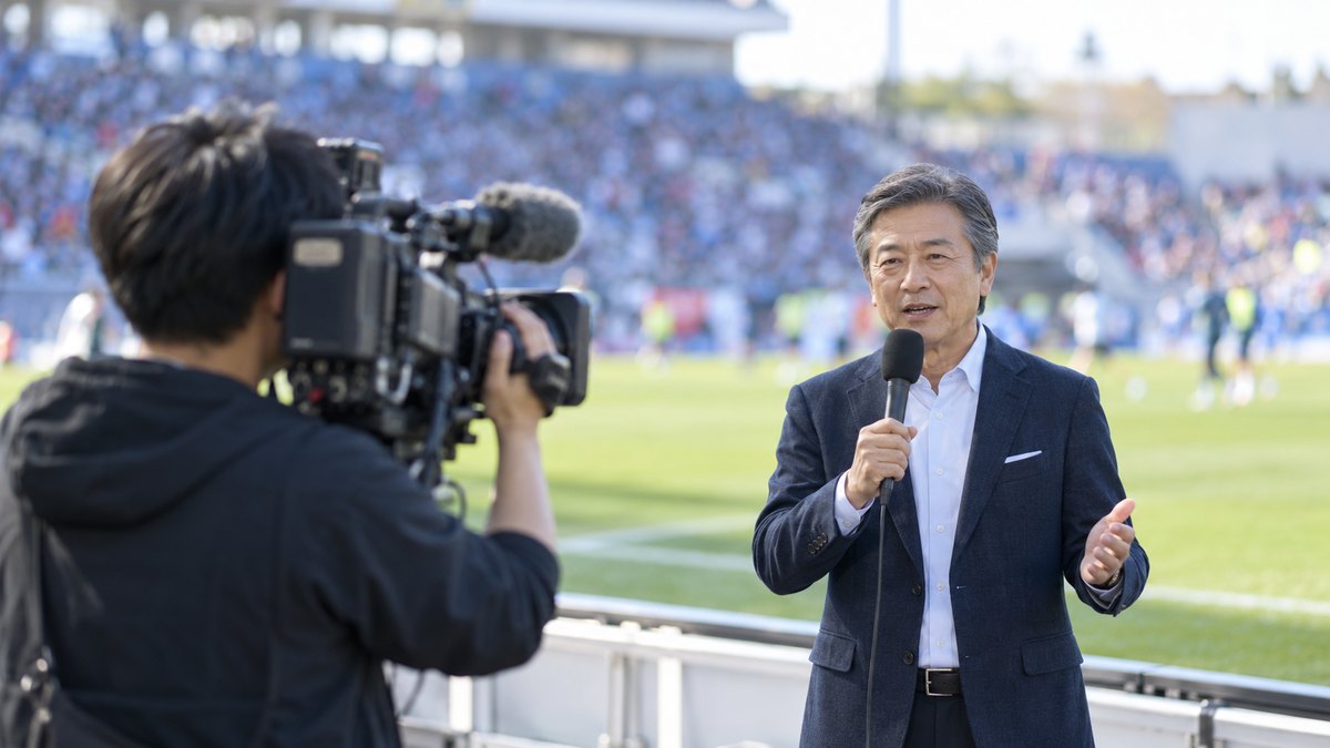 週末の昼、サッカースタジアムのピッチのわきで、50代の男性アナウンサーがジャケット姿でハンドマイクを持ち、試合前のリポートをしていて、手前で30代の男性カメラマンが肩にカメラを担いで撮っている遠景。観客席と芝生はぼけて見える。看板やユニフォームに文字は見えない