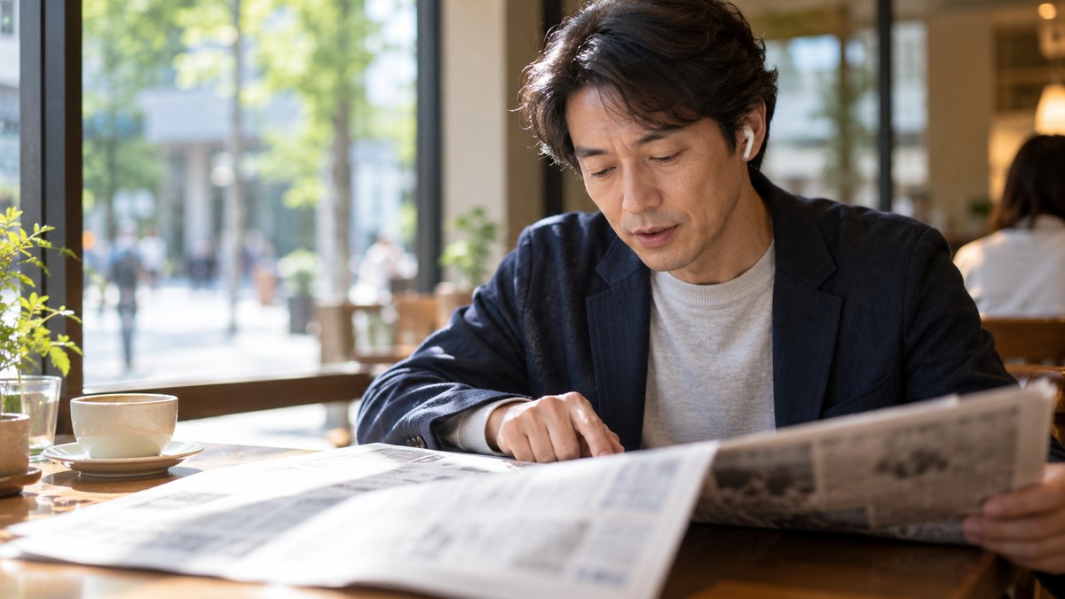 休日の朝、街のカフェの窓ぎわの席で、40代の男性がイヤホンをつけ、テーブルに広げた新聞を指でなぞりながら小さな声で音読している近景。新聞の文字は読めないほどぼけている