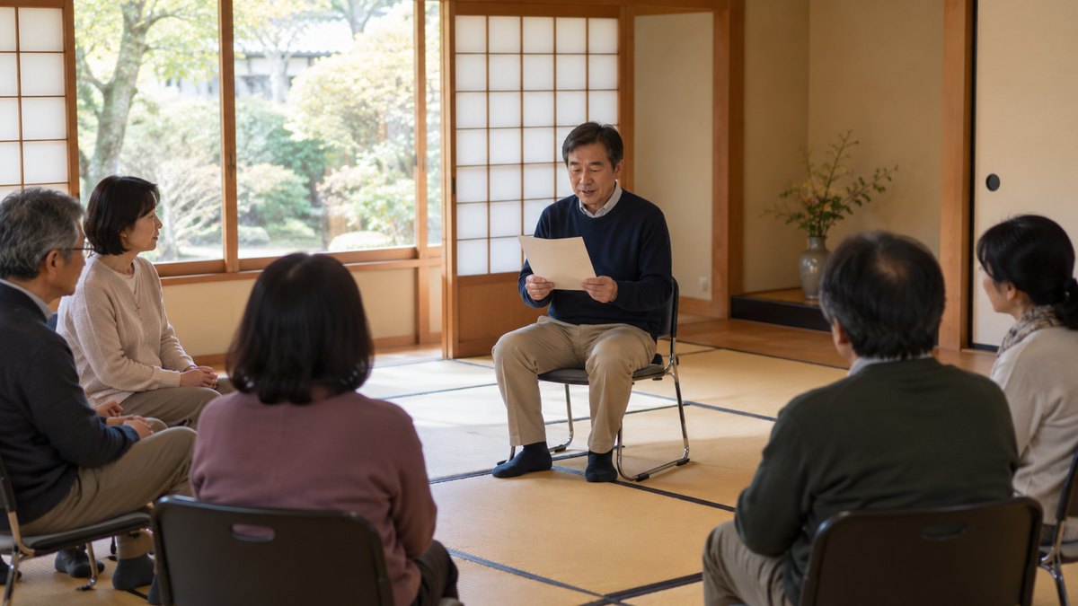 週末の午後、地域の公民館の和室で、50代の男性が朗読の会の仲間5人ほどの前に座って1枚の原稿を声に出して読み、仲間の大人たちが静かに聞いている遠景。原稿や壁に文字は見えない