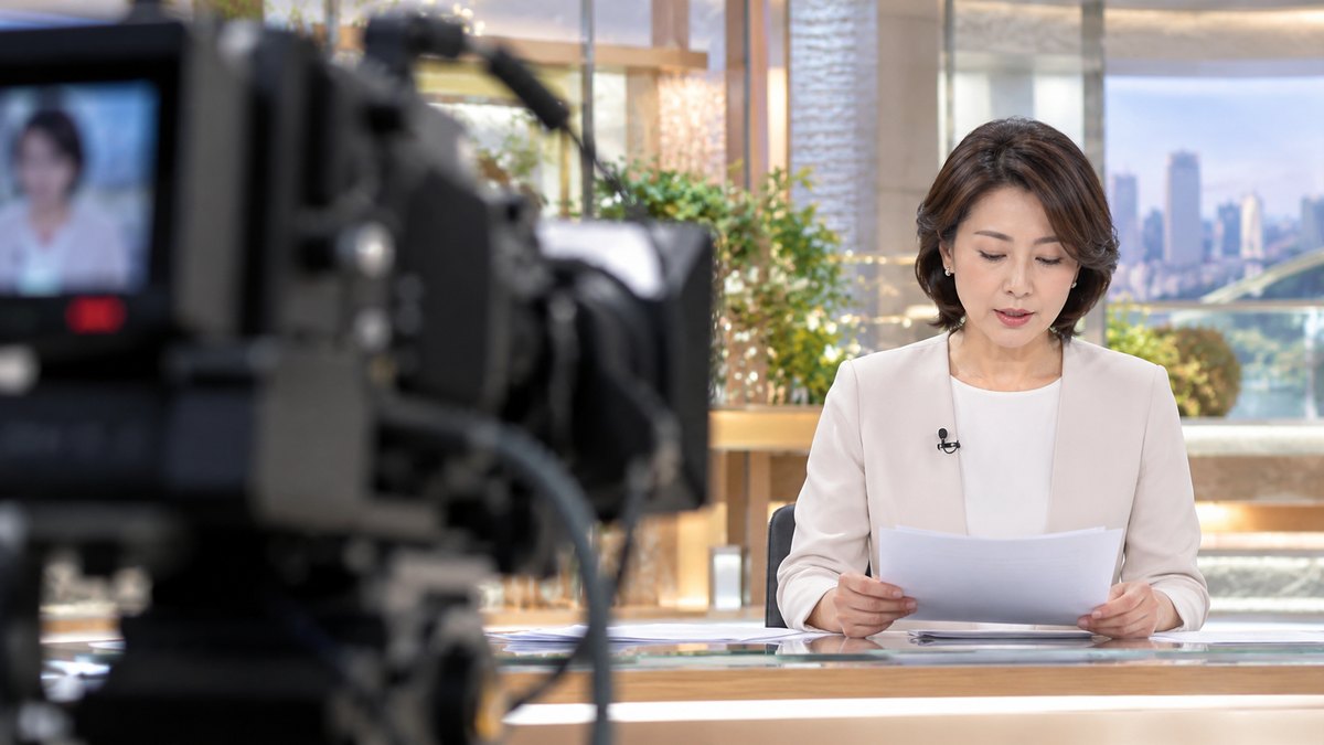 生放送のニュース番組のスタジオで、40代の女性アナウンサーがキャスター席に座り、落ち着いた表情で原稿を読んでいて、手前に大きなテレビカメラがぼけて見える近景。原稿や機材、背景に文字は見えない