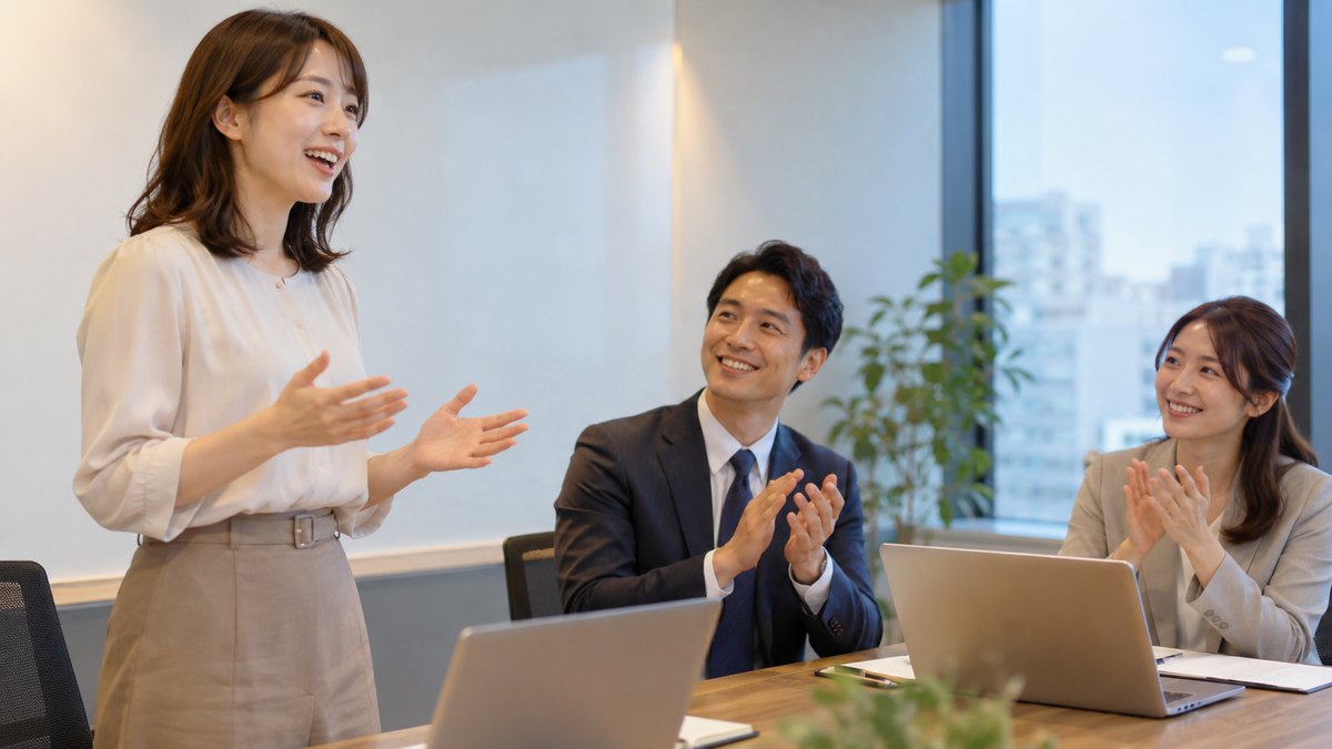平日の夕方、オフィスの小さな会議室で、30代の女性会社員が立って練習のスピーチをしていて、テーブルに座った同僚の男女2人が笑顔で拍手している近景。壁や資料に文字は見えない