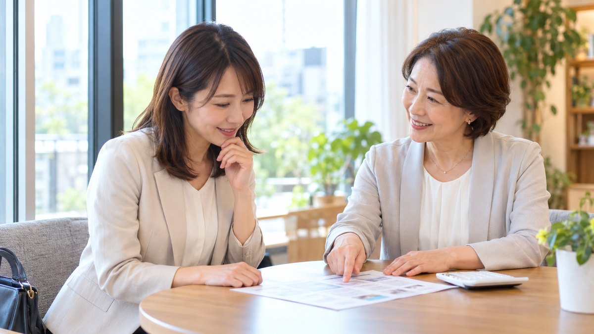 話し方スクールの相談スペースで、女性講師と料金の案内の紙を見ながら費用を相談する女性会社員