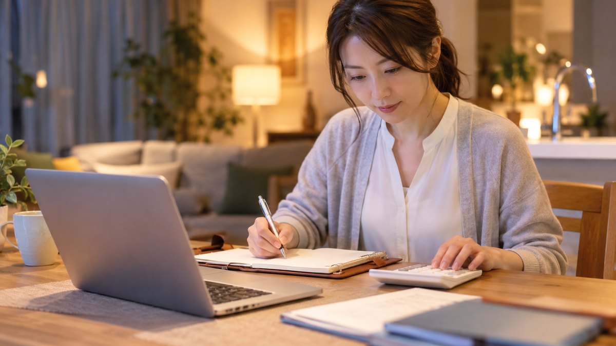 平日の夜、自宅のダイニングテーブルで、30代の女性会社員がノートパソコンの横に手帳と電卓を置き、落ち着いた表情で計算しながら書き込んでいる近景。画面・手帳・電卓の文字や数字は読めない