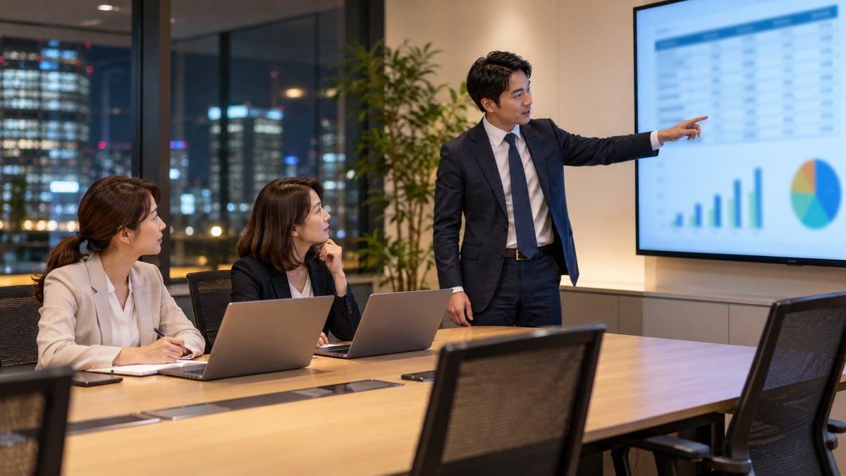 平日の夜、オフィスの会議室で、30代の男性会社員が壁の大きなモニターに映した表を手で指しながら、席に座る同僚の30代と40代の女性2人に説明している遠景。モニターの表はぼけていて文字や数字は読めない
