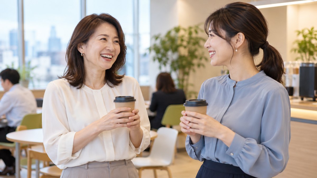 平日の夕方、職場の明るい休憩室で、40代の女性会社員と30代の女性の同僚が紙コップのコーヒーを手に立ったまま、笑顔で話している近景。文字は無い