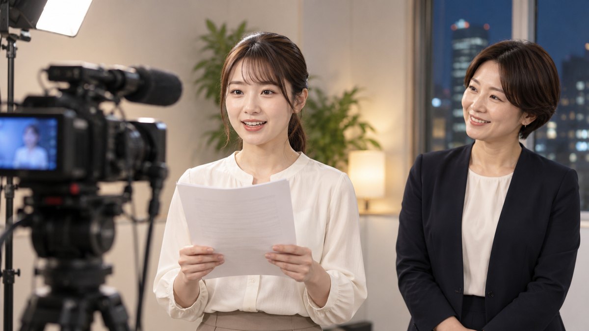 平日の夜、ビルの中の明るい小さなスタジオで、30代の女性会社員がテレビカメラの前に立って短い原稿を読み、横で40代の女性講師がほほえみながら見守っている近景。カメラや壁に文字やロゴは無い