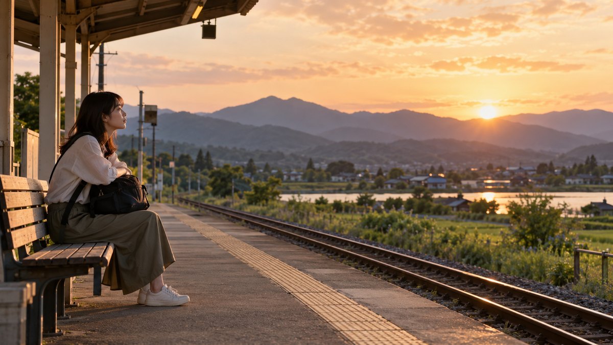 夕方、地方の小さな駅のホームのベンチで、20代後半の女性がリュックを膝にのせて電車を待ちながら、遠くの山並みを見て静かに考えている遠景。駅名の看板や標識の文字は見えない