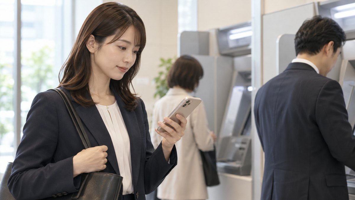平日の昼、銀行のATMコーナーの前で、30代の女性会社員がスマホで振込先を確かめながら、落ち着いた表情で順番を待っている近景。ATMの画面やスマホの文字は見えない