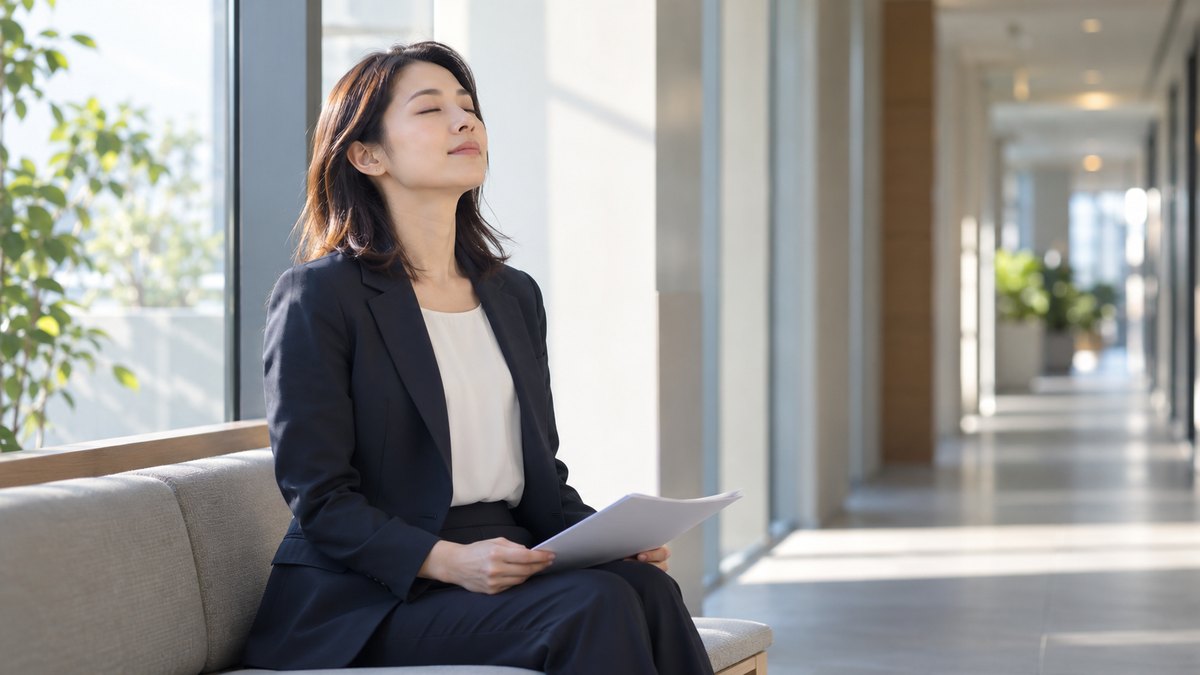 朝、会社の静かな廊下のベンチで、30代の女性会社員が背すじを伸ばして座り、膝の上の原稿を軽く持ったまま、目を閉じてゆっくり息を吐いている近景。原稿の文字は見えない