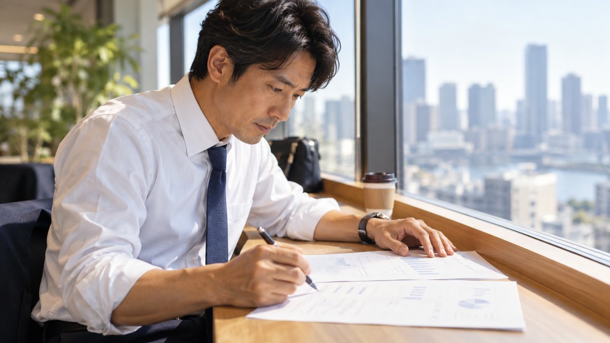 平日の昼休み、オフィスの窓ぎわのカウンター席で、40代の男性会社員が印刷した2枚の資料を並べ、ボールペンで丸をつけながら見比べている近景。資料の文字は読めない