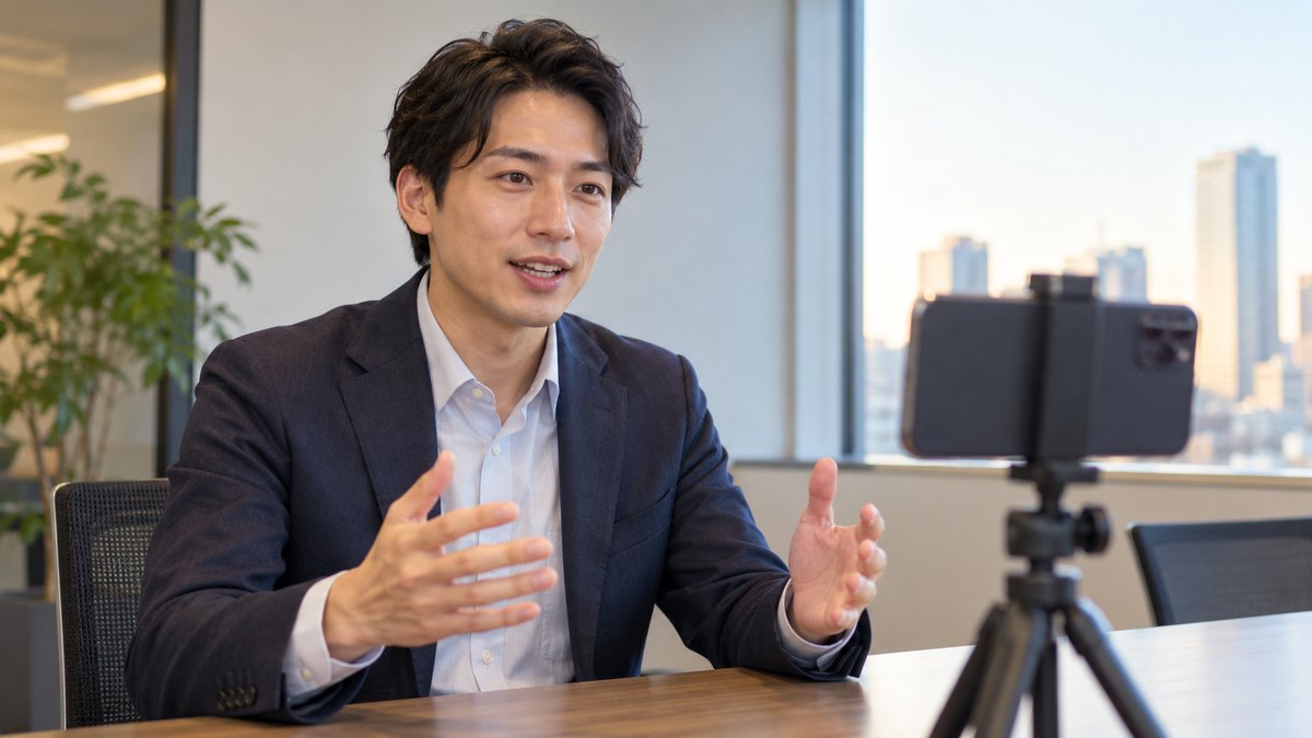 平日の夕方、会社の小さな会議室で、30代の男性会社員が机の上の三脚に立てたスマホに向かって原稿を持たずに話し、自分の話す様子を撮影している近景。スマホの画面の文字は見えない