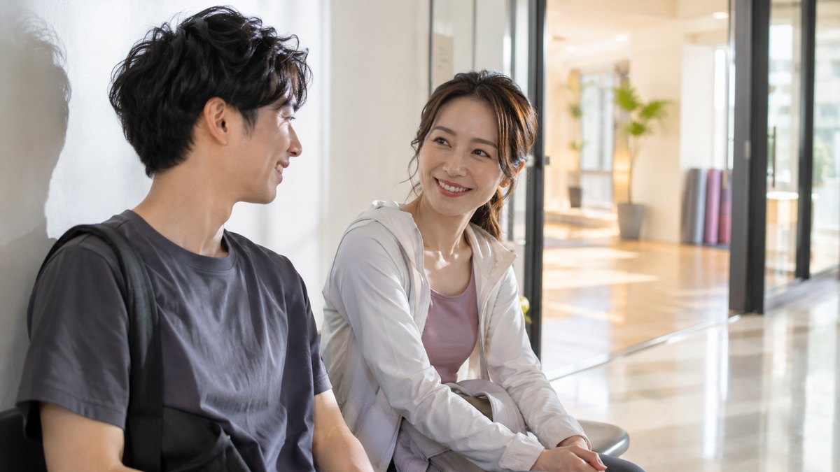 休日の朝、ビルの中の明るいスタジオの前の廊下で、20代後半の男性と30代の女性が壁ぎわのいすに並んで座り、体験レッスンの始まりを待ちながら小声で話している近景。壁やドアに文字は無い