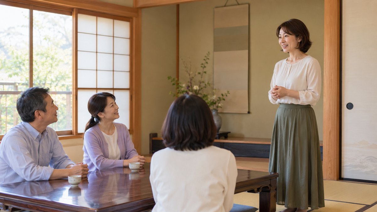 休日の午後、公民館の小さな和室で、40代の女性が座卓の向こうに座る3人の知人の前に立って短いあいさつをしていて、聞いている人たちが温かくうなずいている遠景。壁や掲示物に文字は見えない