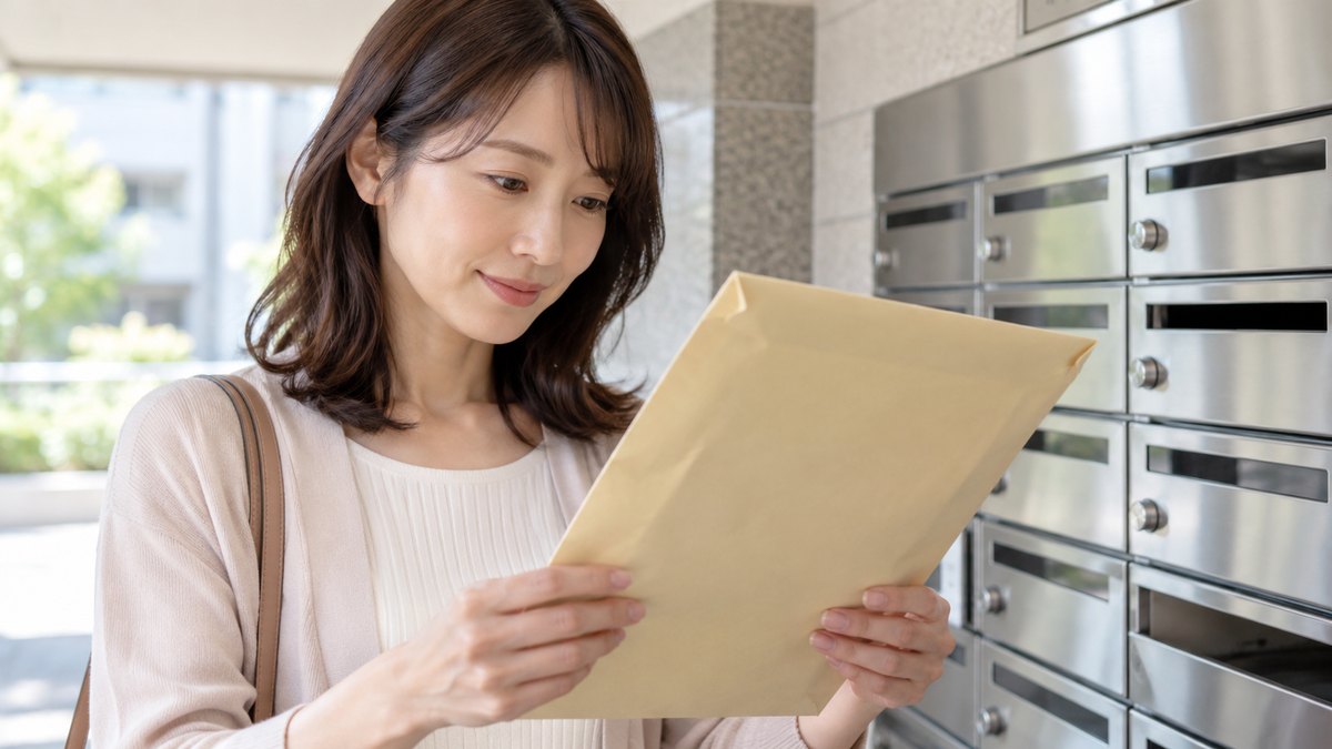 休日の昼、マンションの集合ポストの前で、30代の女性が届いた大きな封筒を両手に持ち、中身を確かめようと穏やかな表情で見つめている近景。封筒やポストの文字は見えない