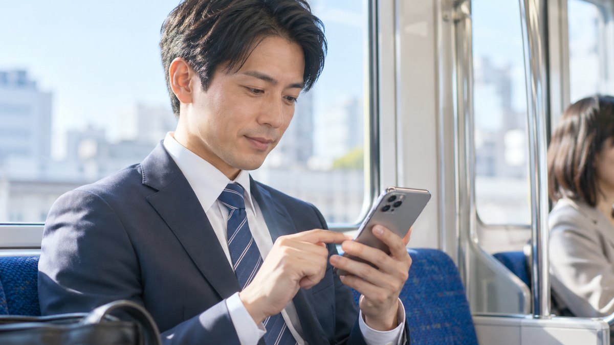 平日の朝、通勤電車の座席で、30代の男性会社員がスマホのカレンダーを開き、来月の予定を確かめながら小さくうなずいている近景。スマホの画面の文字は見えない