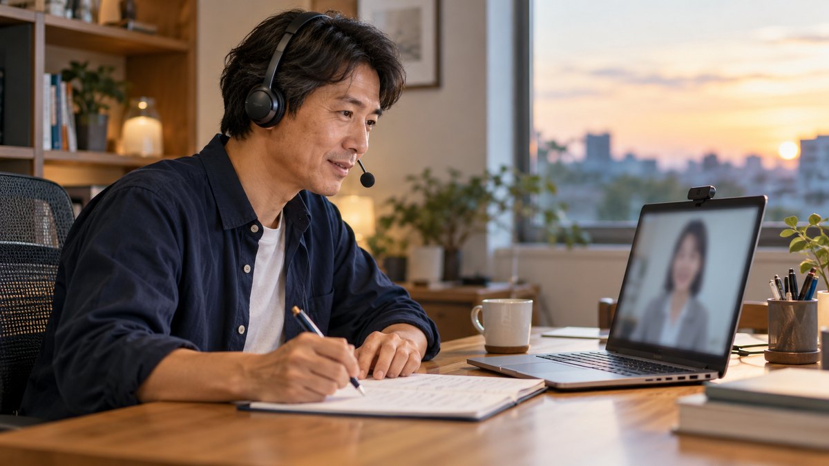 休日の夕方、自宅の書斎の机で、40代の男性がヘッドセットをつけてノートパソコンの画面の向こうの講師とオンラインで話し、手元の紙に印をつけている近景。画面の文字は見えない