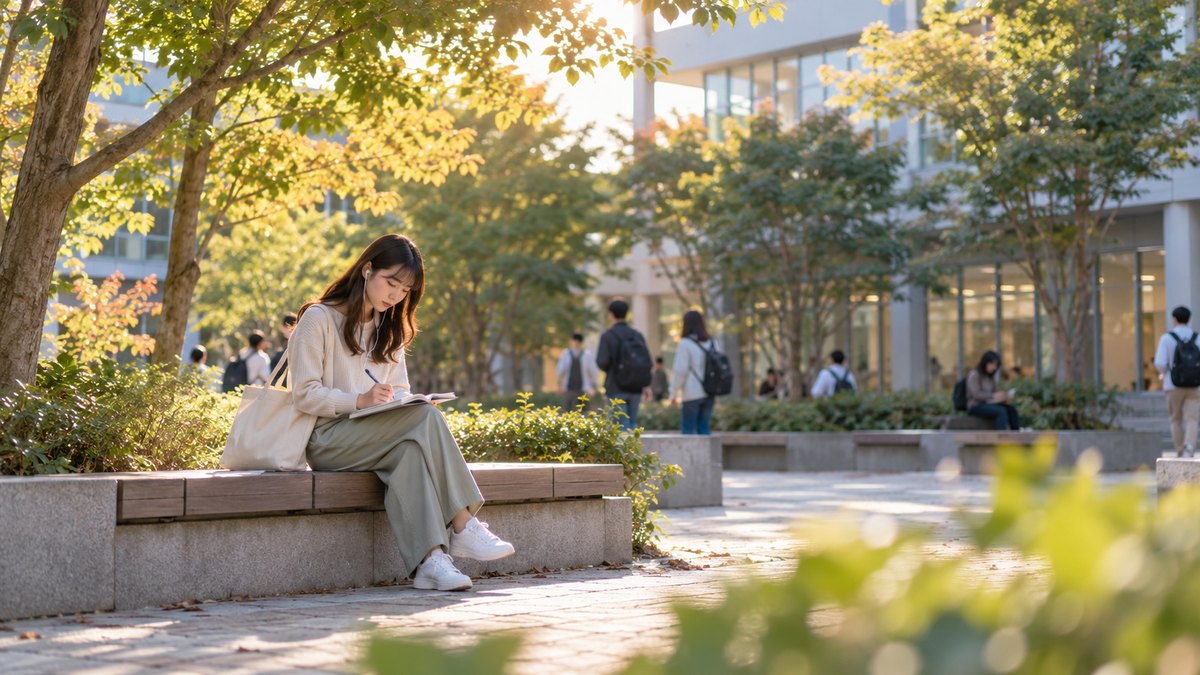 平日の夕方、大学のキャンパスの中庭のベンチで、20代前半の女性が膝の上のノートを開き、イヤホンで何かを聞きながらメモを取っている遠景。ノートの文字は見えない