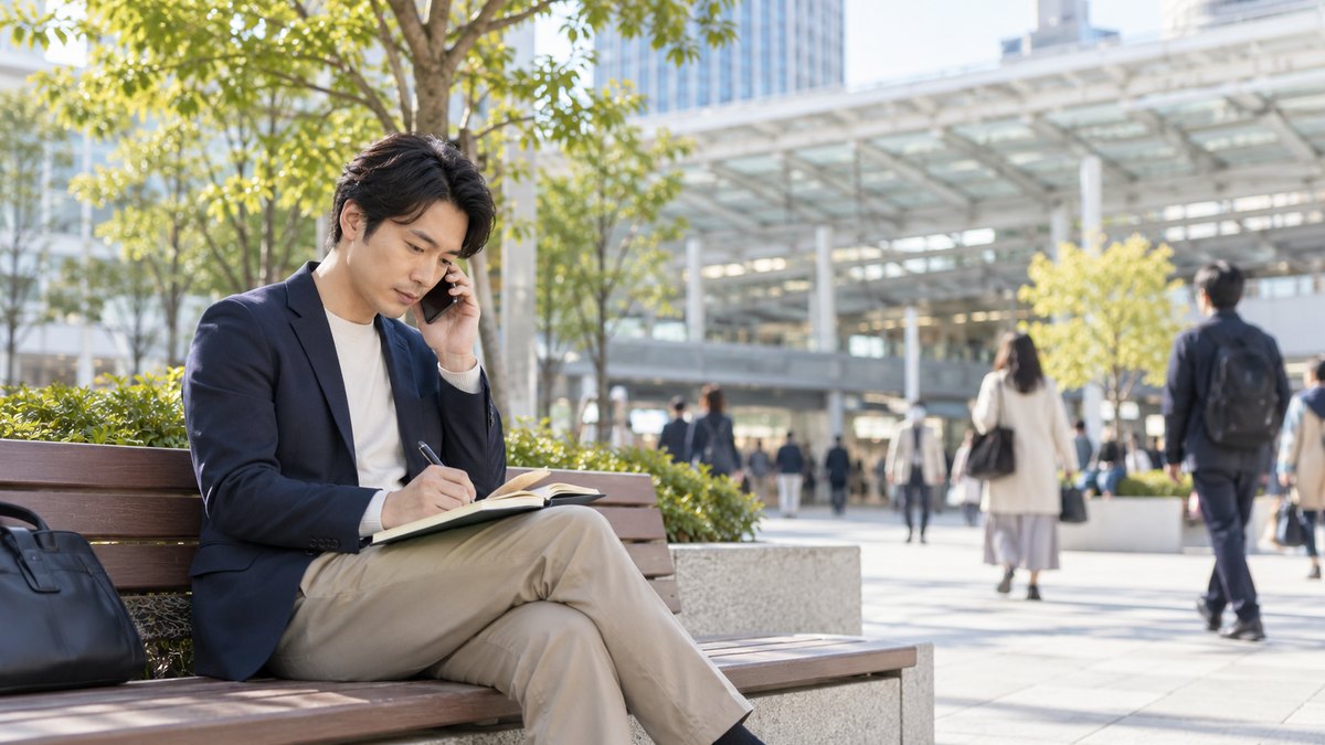 休日の午後、駅前の広場のベンチで、30代の男性がスマホを耳に当てて電話で問い合わせをしながら、手帳に日付を書き込んでいる遠景。手帳とスマホの文字は見えない