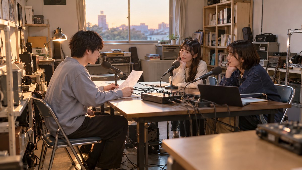 平日の夕方、大学の放送研究会の部室のような小部屋で、20代前半の男女3人がマイクの前に順番に座り、1人が読み、2人が聞いてうなずいている遠景。壁や機材に文字は無い