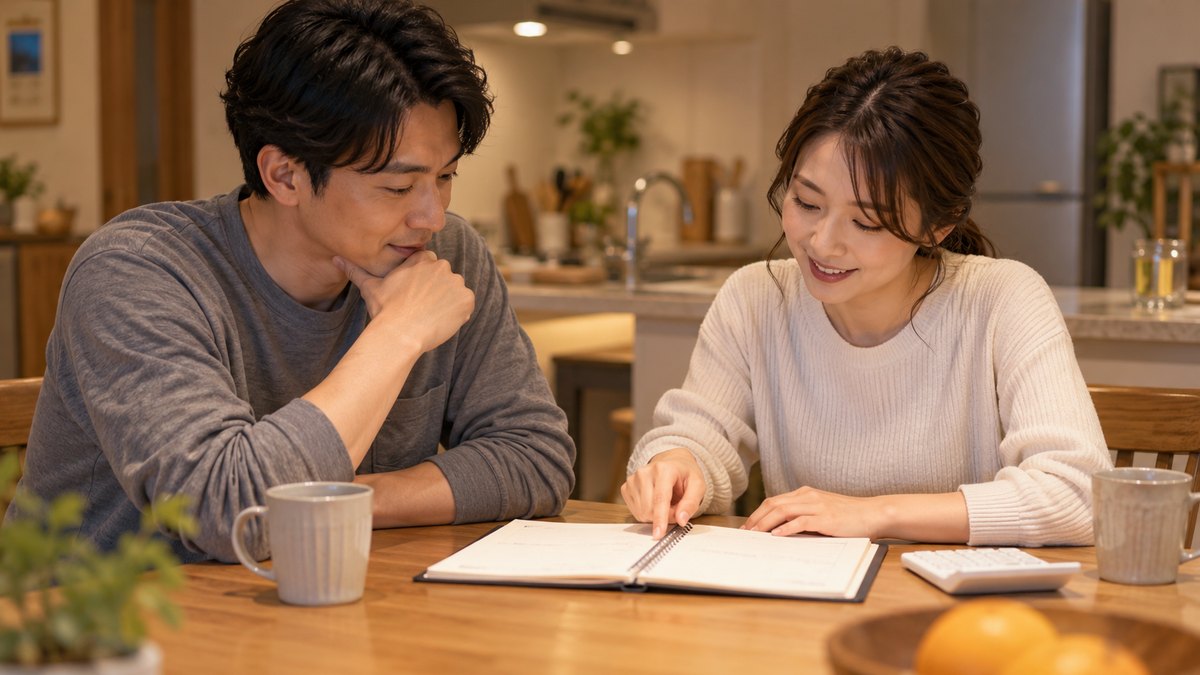 平日の夜、自宅のキッチンのテーブルで、30代の夫婦が向かい合って座り、妻が開いた家計簿のノートを2人で見ながら穏やかに話している近景。ノートの文字は見えない
