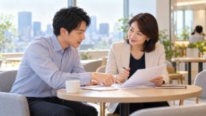 アナウンススクールのラウンジで、原稿を見せ合いながら相談する女性講師と男性会社員