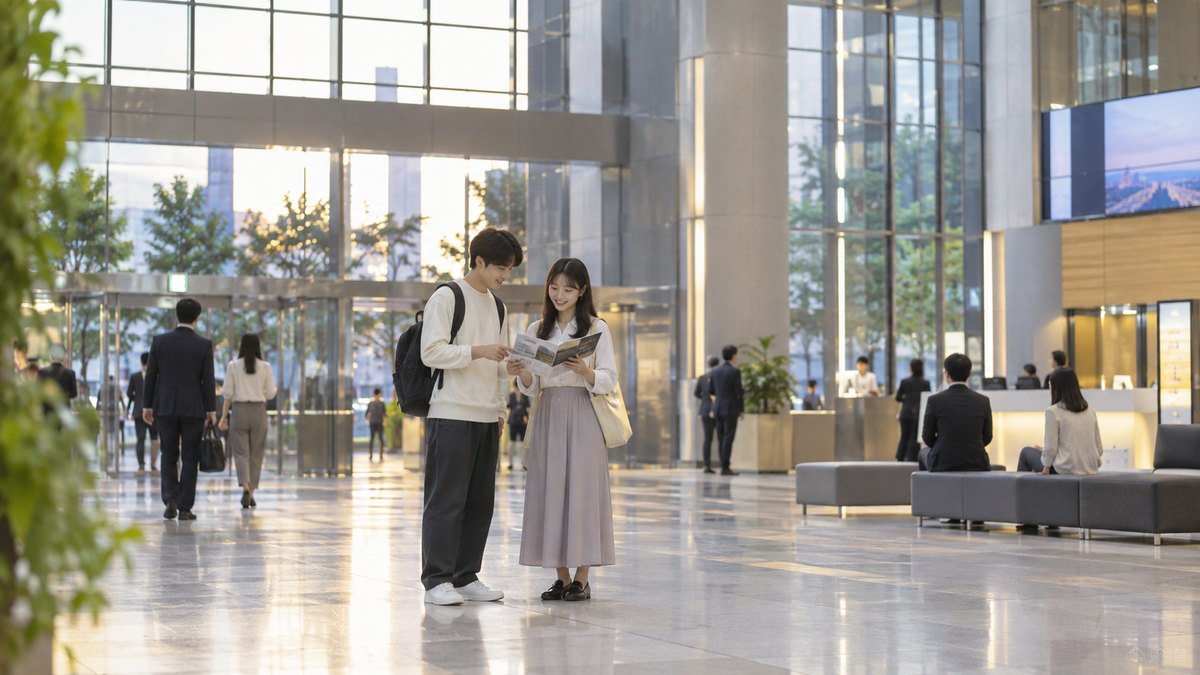 平日の夕方、テレビ局の社屋の1階の明るいロビーで、20代前半の男子大学生と女子大学生が並んで立ち、手に持った案内のパンフレットをのぞき込みながら話している遠景。パンフレットや壁、案内板の文字は見えない