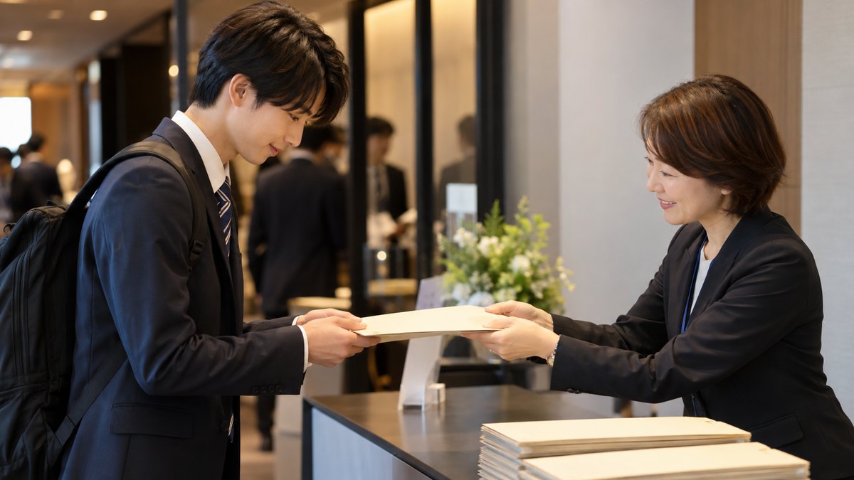平日の夜、都内のスクールの説明会の会場で、スーツ姿の20代前半の男子大学生が受付の机で40代の女性スタッフから資料の封筒を受け取り、軽く会釈している近景。資料や机、壁の文字は見えない