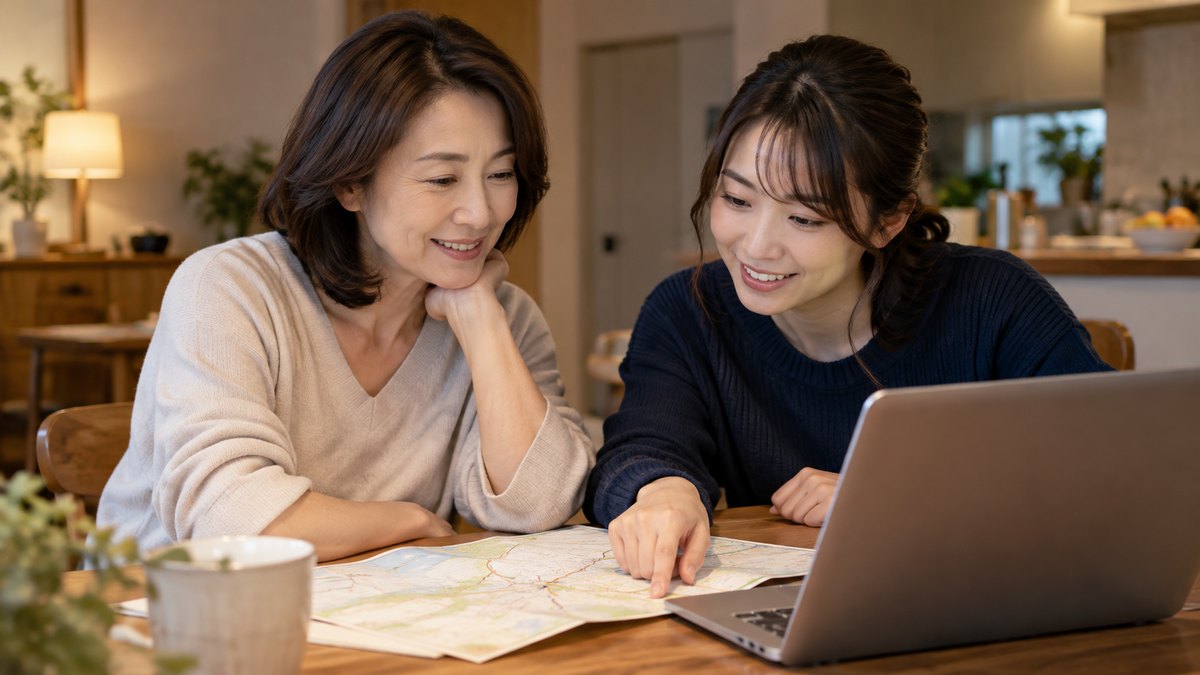 平日の夜、自宅のダイニングテーブルで、50代の母親と20代前半の娘が並んで座り、ノートパソコンの画面をのぞき込みながら地図を指さして通う場所を相談している近景。パソコンの画面は見えない角度