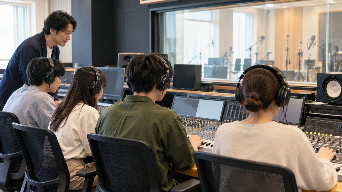 平日の昼、専門学校の放送スタジオで、20歳前後の男女の学生がヘッドホンをつけて調整卓の前に並び、30代の男性講師が後ろから操作を見守っている遠景。機材や壁に文字は見えない