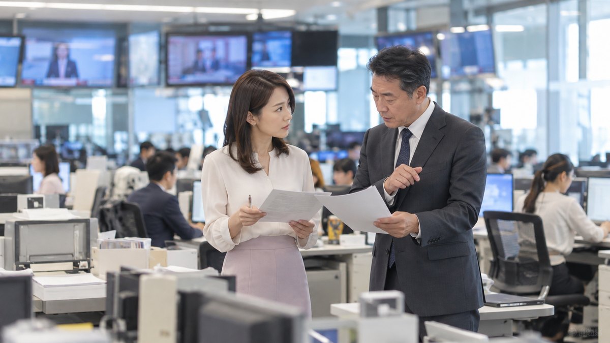 平日の昼、テレビ局の報道フロアの一角で、30代の女性アナウンサーと50代の男性デスクが立ったまま原稿を手に打ち合わせをしていて、奥でスタッフがパソコンに向かっている遠景。原稿やモニター、壁の文字は見えない