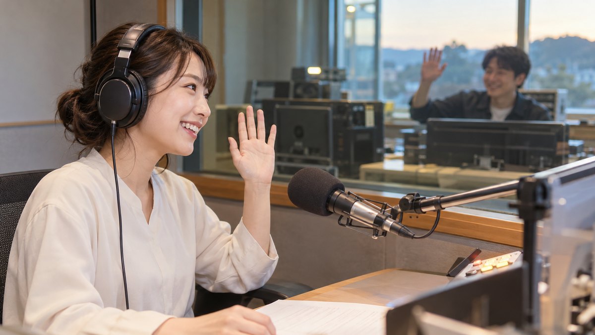 平日の夕方、地方のラジオ局の小さな放送ブースで、30代の女性のパーソナリティがヘッドホンをつけてマイクの前に座り、ガラス越しのスタッフに笑顔で手を上げて合図している近景。機材や壁に文字は見えない