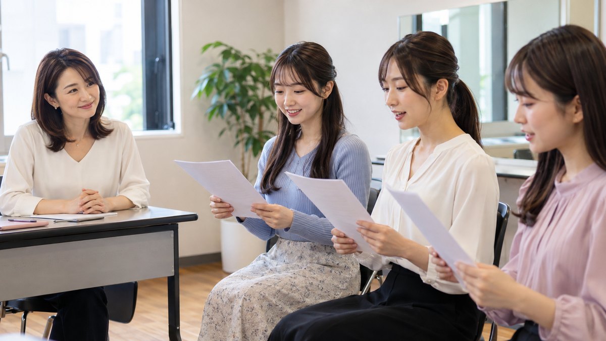 週末の昼、芸能事務所の小さなレッスン室で、30代の女性アナウンサーの講師が長机の端に座り、向かいの20代の女性受講生3人が原稿を手に持って順番に読む様子を穏やかに見守っている近景。原稿や壁に文字は見えない