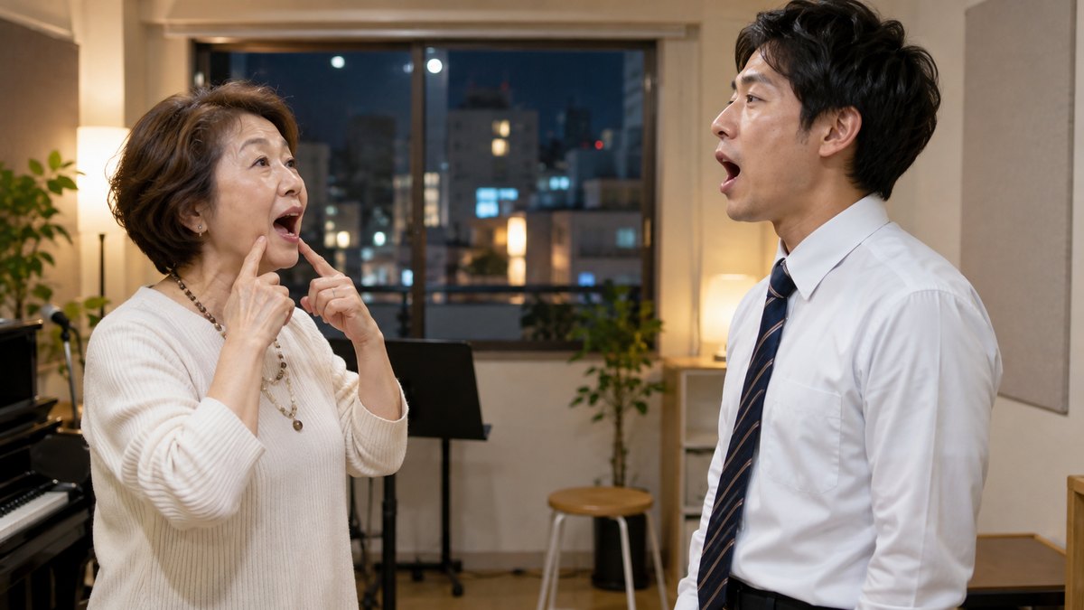 平日の夜、大阪の下町の雑居ビルの小さな教室で、60代の女性講師が立って口の形を大きく見せながら発声の手本を示し、向かいに立つ30代の男性会社員がまねて声を出している近景。壁や掲示物に文字は見えない