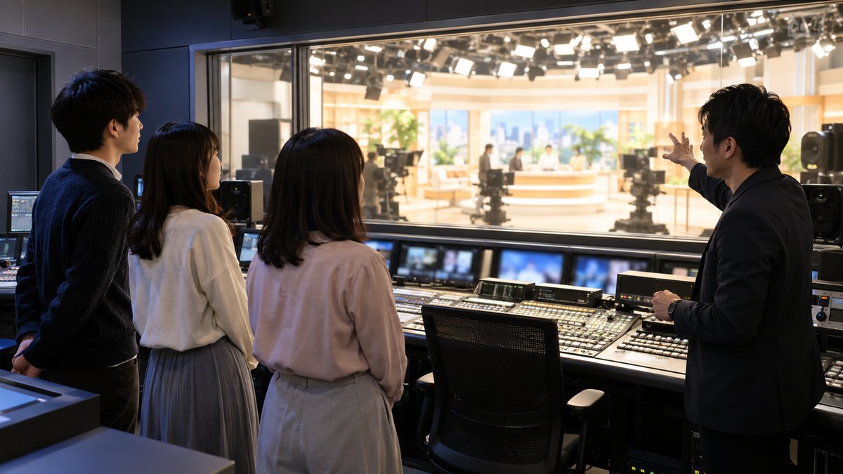 平日の夕方、テレビ局のスタジオの副調整室で、20代前半の男女の受講生3人がガラス越しに明るいスタジオを見学していて、30代の男性スタッフが調整卓の横に立って手で示しながら説明している遠景。機材やモニター、壁の文字は見えない