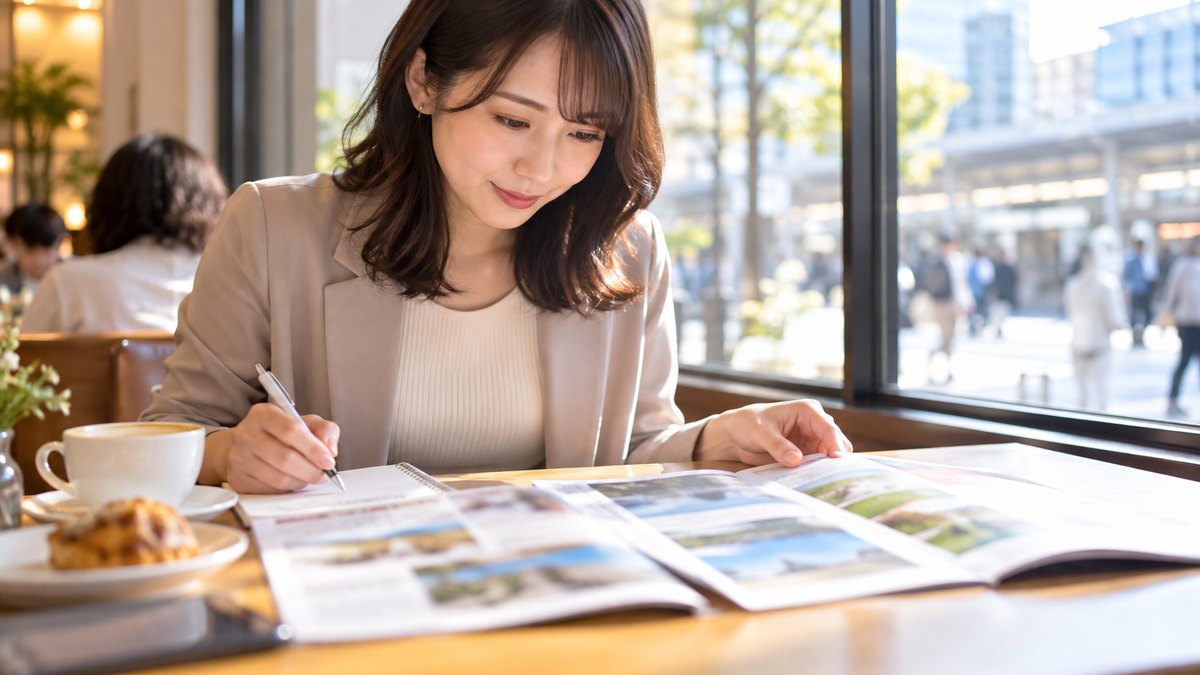 週末の午後、駅前のカフェの窓ぎわの席で、20代後半の女性会社員がテーブルに2つのスクールのパンフレットを並べて広げ、ペンでメモを書き込みながら見比べている近景。パンフレットとメモの文字は読めないほどぼけている