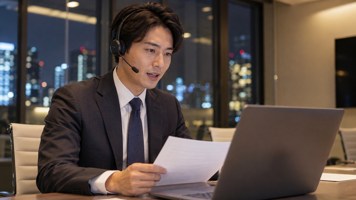 平日の夜、オフィスビルの会議室で行われるオンライン授業に、30代の男性会社員がジャケット姿でノートパソコンの前に座り、ヘッドセットをつけて原稿を読んでいる近景。パソコンの画面は見えない角度で、原稿の文字は読めない