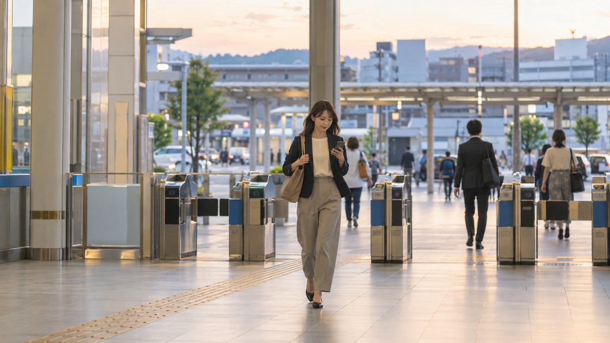 平日の夕方、地方都市の駅の改札を出たところで、20代後半の女性会社員がトートバッグを肩にかけ、スマホで行き先を確かめながら歩き出している遠景。看板や案内表示、スマホの画面の文字は見えない