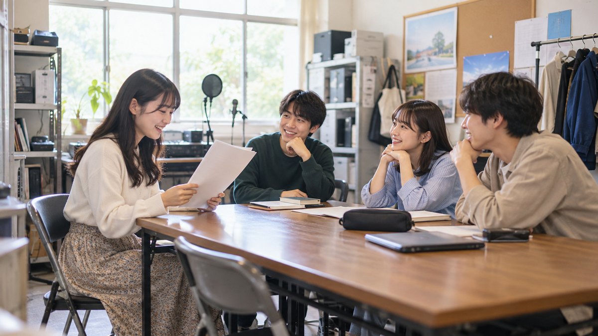 週末の昼、大学のサークル棟の小さな部屋で、アナウンス研究会の20代前半の男女4人が長机を囲み、1人の女子学生が原稿を読み、ほかの3人が笑顔でうなずきながら聞いている遠景。原稿や壁、掲示物に文字は見えない