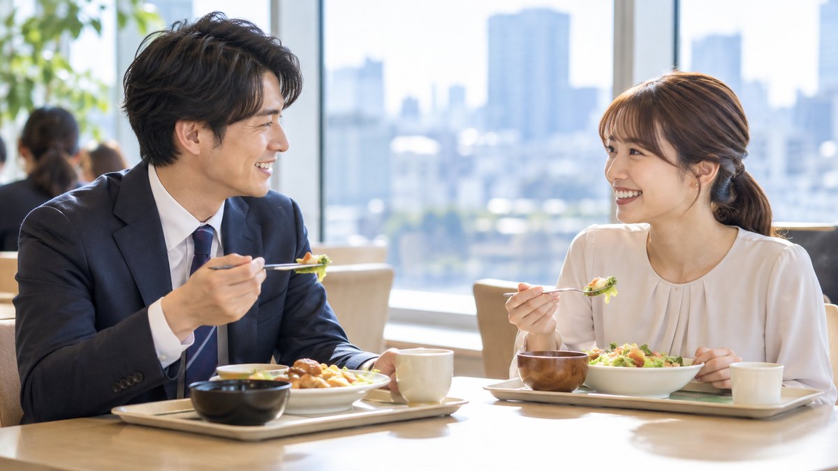 平日の昼、テレビ局の社員食堂の窓ぎわの席で、20代後半の男性アナウンサーと女性アナウンサーがランチのトレーを前に向かい合って座り、笑顔で話している近景。窓の外は明るい街並みがぼけて見える。メニューや壁、看板の文字は見えない