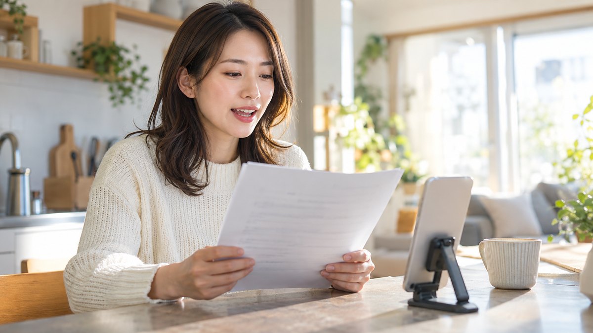週末の朝、自宅のキッチンカウンターで、白いニットを着た30代の女性会社員がスマホを小さな台に立てて録音しながら、印刷したニュース原稿を両手で持って声に出して読んでいる近景。窓から朝の光が入る。スマホの画面は見えない角度で、原稿の文字は読めないほどぼけている