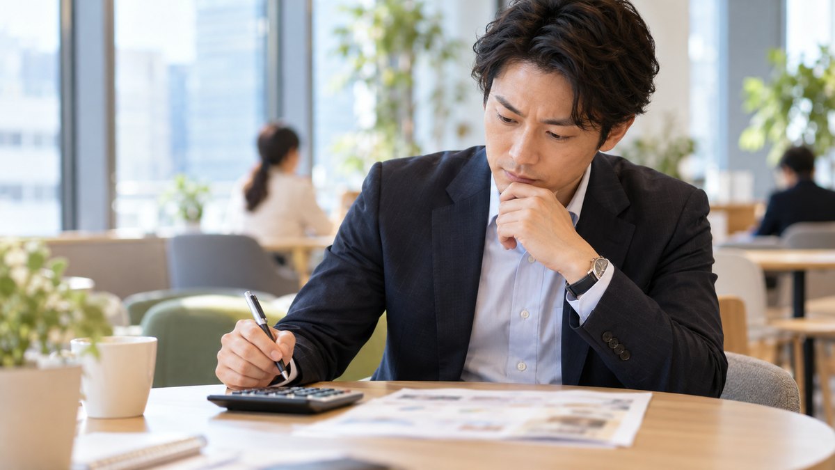 平日の昼休み、オフィスの休憩スペースで、30代の男性会社員がテーブルに電卓とスクールの案内の紙を置き、ペンを手に費用を計算しながら考えている近景。電卓の表示と紙の文字は読めないほどぼけている