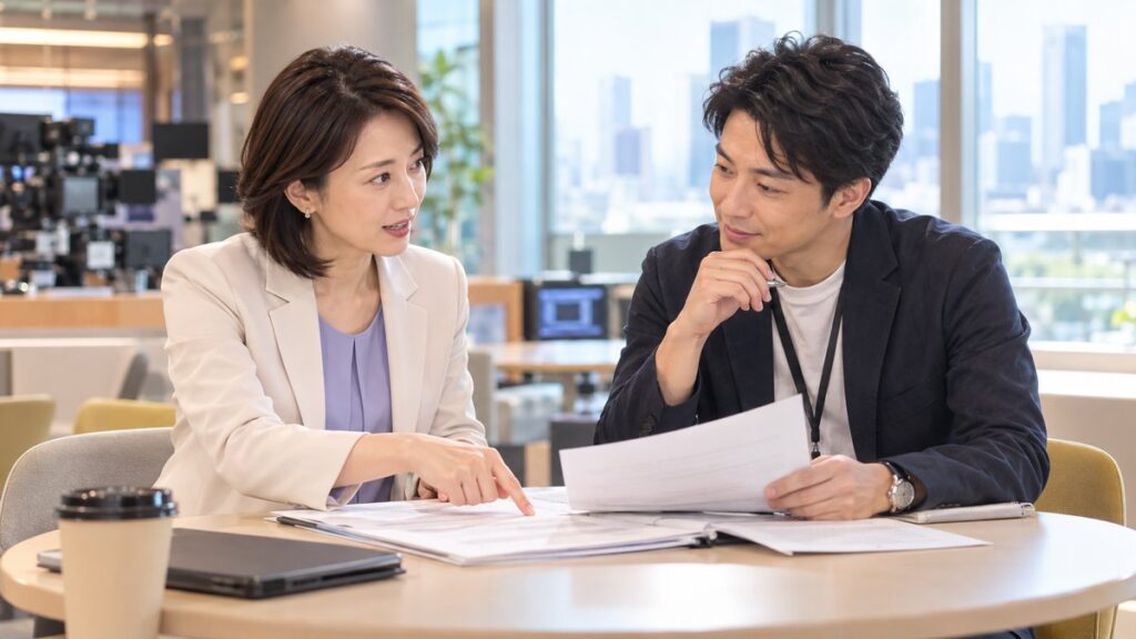 放送局の打ち合わせスペースで、原稿を見せ合いながら相談する女性アナウンサーと男性ディレクター