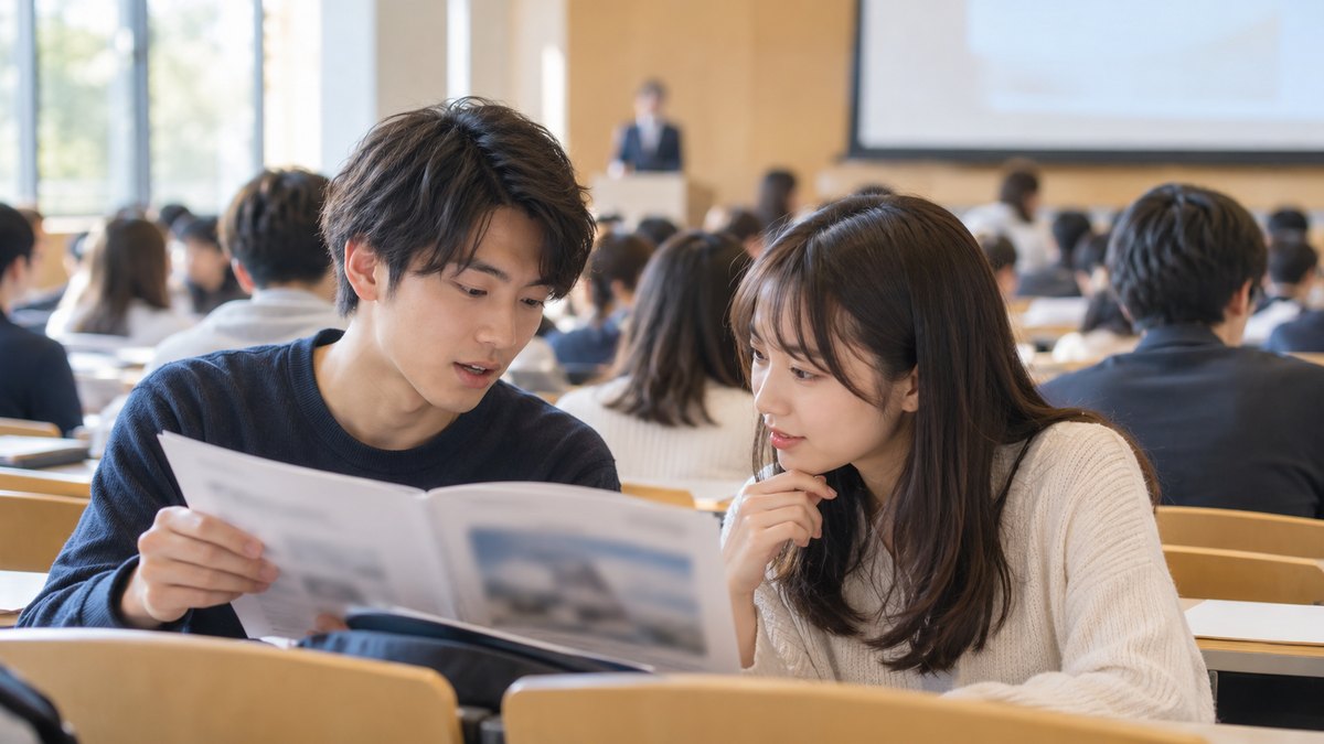 平日の午後、大学の大教室で開かれた就職説明会で、20代前半の男子大学生が配られた資料を手に持ち、隣の席の女子大学生と小声で話しながら内容を確かめている近景。資料の文字は読めないほどぼけていて、スクリーンや壁に文字は見えない