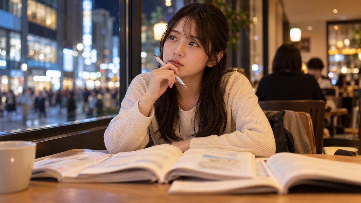 夜、駅前のカフェの窓ぎわのテーブルで、20代前半の女子大学生が資格の参考書を3冊ほど並べて開き、どれから手をつけるか考えながら、ペンを口元にあてている近景。本の表紙や中身の文字は読めないほどぼけている