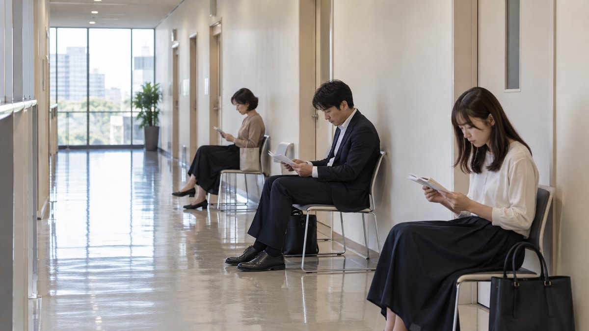 週末の朝、検定試験の会場になった貸しビルの廊下で、受験者の20代の女性と30代の男性と40代の女性が壁ぎわの椅子に間をあけて座り、順番を待ちながら手元のメモを静かに見返している遠景。掲示物や扉に文字は見えない