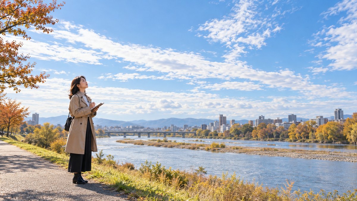 晴れた秋の朝、川沿いの土手の遊歩道で、30代の女性がトレンチコート姿で立ち止まって空の雲を見上げ、手帳に雲の様子を書きとめている遠景。手帳の文字は読めないほどぼけていて、看板は写っていない