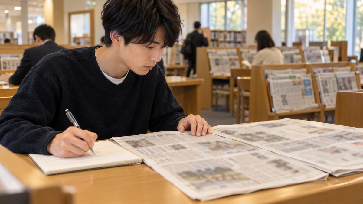 平日の夕方、市立図書館の新聞コーナーで、20代前半の男子大学生が閲覧台に新聞を2紙並べて広げ、見出しを読み比べながらノートに書き写している近景。新聞とノートの文字は読めないほどぼけている